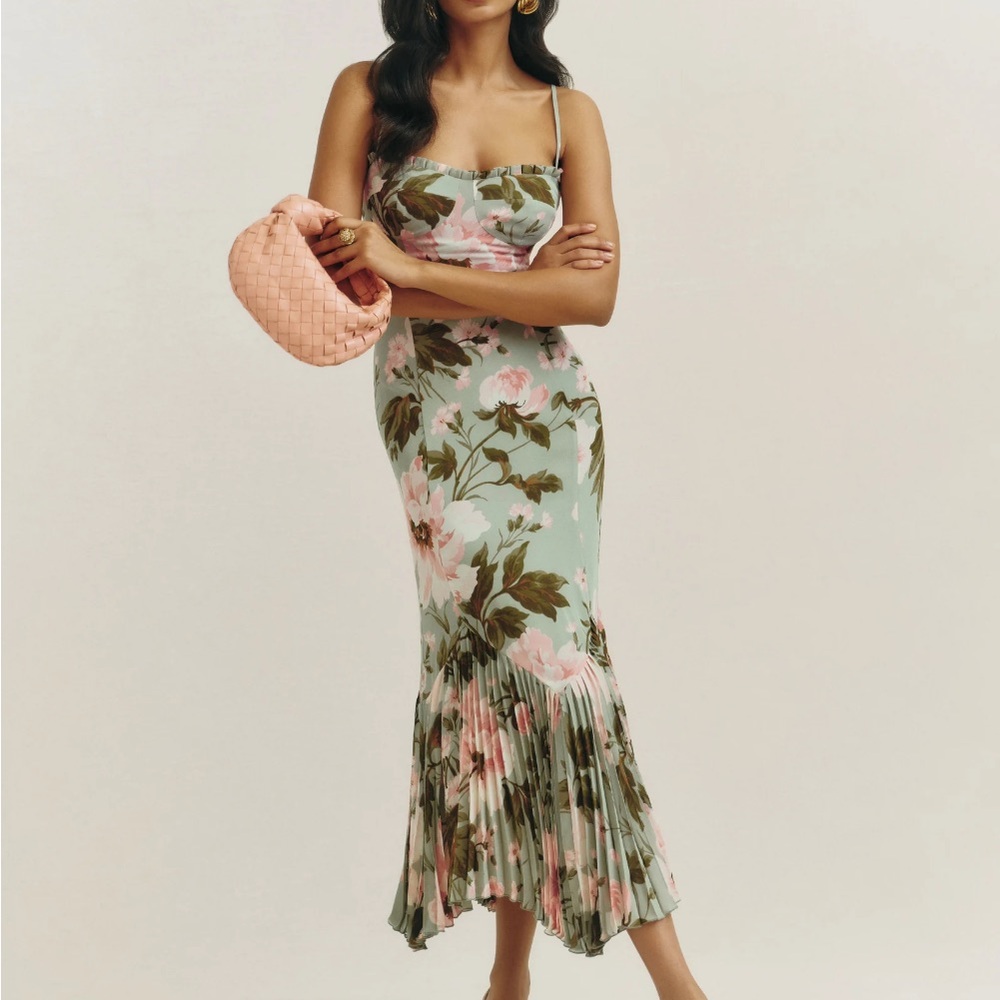 Reformation Mint Green Floral Midi Dress with Pink Blooms